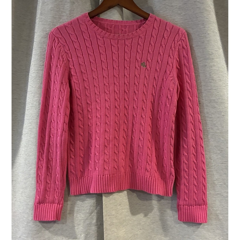 Ralph Lauren Sport Women’s Cable Knit Sweater Pink Green Pony Preppy
